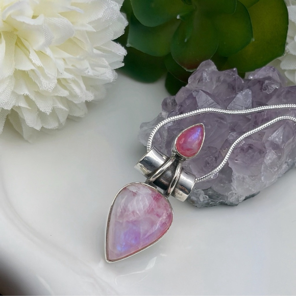 Blue Flash Pink Moonstone Pendant Boho Vintage Style Sterling Silver 925 - Picture 6 of 9